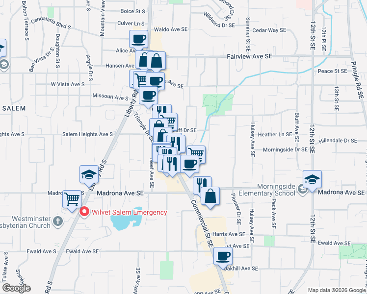 map of restaurants, bars, coffee shops, grocery stores, and more near 3390 Willa Lane Southeast in Salem