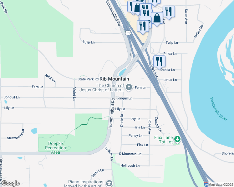 map of restaurants, bars, coffee shops, grocery stores, and more near 5502 Rib Mountain Drive in Wausau