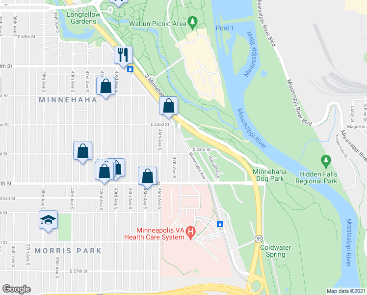 map of restaurants, bars, coffee shops, grocery stores, and more near 5300 48th Avenue South in Minneapolis