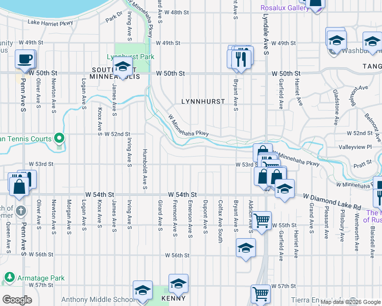 map of restaurants, bars, coffee shops, grocery stores, and more near 1114 West 53rd Street in Minneapolis