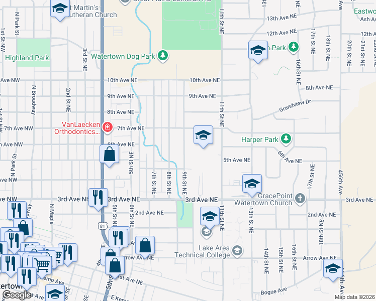 map of restaurants, bars, coffee shops, grocery stores, and more near 524 9th Street Northeast in Watertown