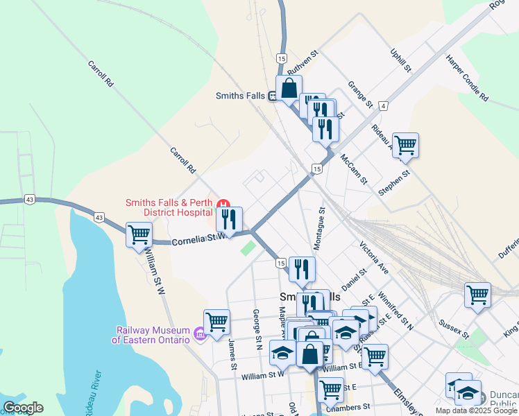 map of restaurants, bars, coffee shops, grocery stores, and more near 4 Maitland Street in Smiths Falls