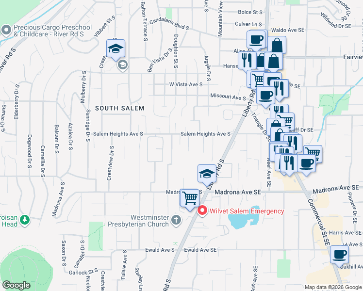 map of restaurants, bars, coffee shops, grocery stores, and more near 434 Salem Heights Avenue South in Salem