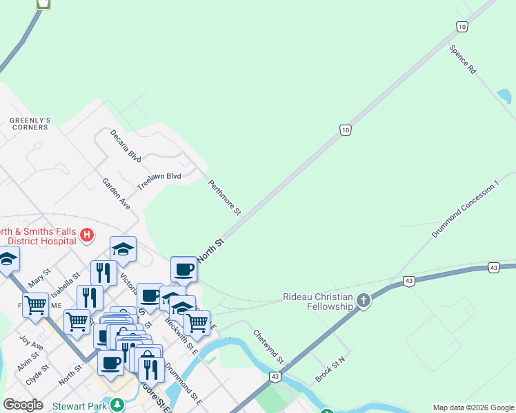 map of restaurants, bars, coffee shops, grocery stores, and more near 88 North Street North in Perth