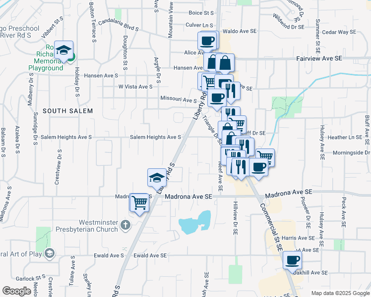 map of restaurants, bars, coffee shops, grocery stores, and more near 3312 Liberty Road South in Salem