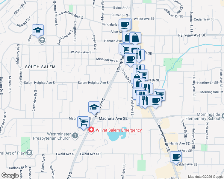 map of restaurants, bars, coffee shops, grocery stores, and more near 3312-3374 Liberty Road South in Salem