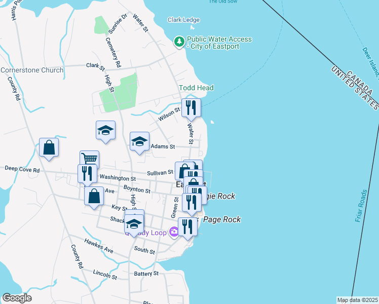 map of restaurants, bars, coffee shops, grocery stores, and more near 112 Water Street in Eastport