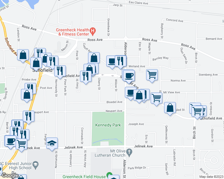 map of restaurants, bars, coffee shops, grocery stores, and more near 5510 Willow Street in Schofield