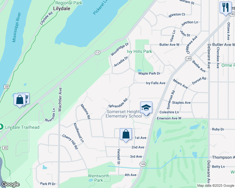 map of restaurants, bars, coffee shops, grocery stores, and more near 1289 Sylvandale Road in Mendota Heights