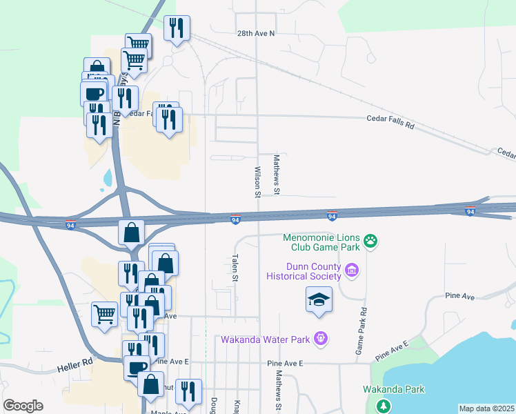 map of restaurants, bars, coffee shops, grocery stores, and more near Wilson Street in Menomonie