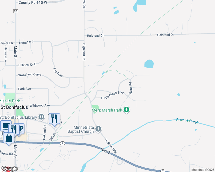 map of restaurants, bars, coffee shops, grocery stores, and more near Dakota Rail Railroad in Minnetrista