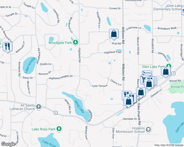 map of restaurants, bars, coffee shops, grocery stores, and more near 15200 Knob Hill Curve in Minnetonka