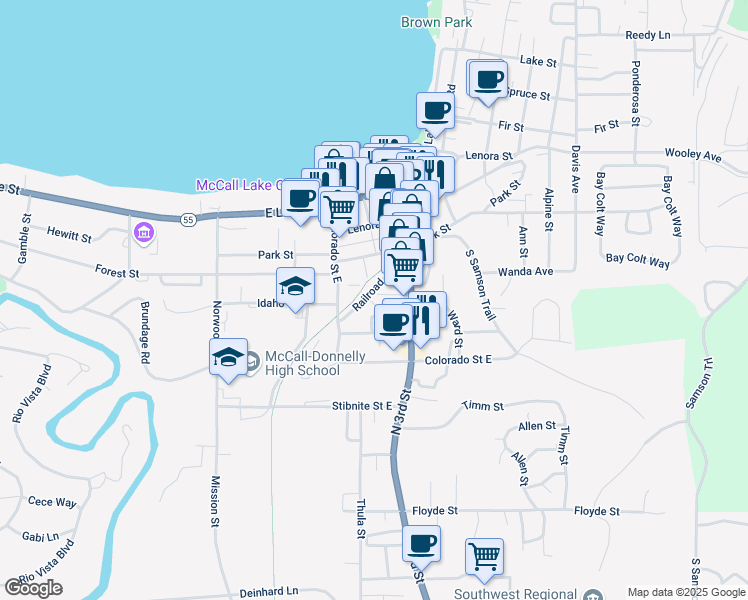 map of restaurants, bars, coffee shops, grocery stores, and more near 300 Railroad Avenue in McCall