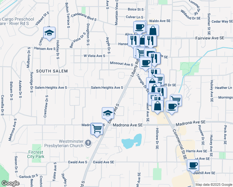 map of restaurants, bars, coffee shops, grocery stores, and more near 196 Salem Heights Avenue South in Salem