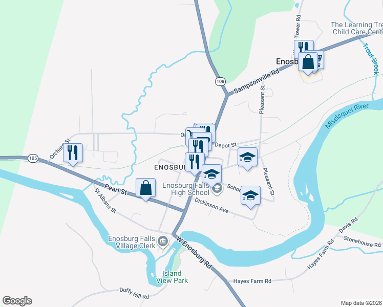 map of restaurants, bars, coffee shops, grocery stores, and more near 413 Main Street in Enosburg