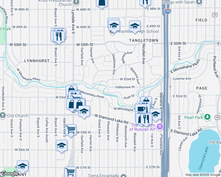 map of restaurants, bars, coffee shops, grocery stores, and more near 314 West Minnehaha Parkway in Minneapolis