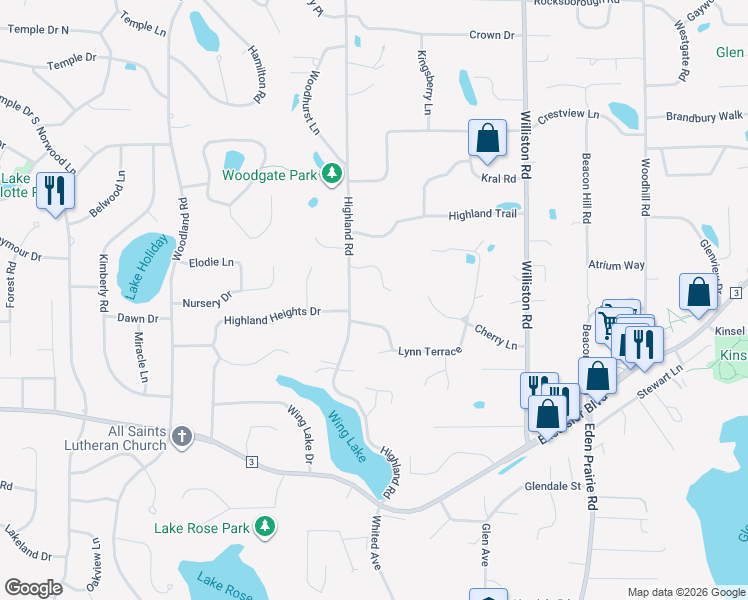 map of restaurants, bars, coffee shops, grocery stores, and more near 15220 Knob Hill Curve in Minnetonka
