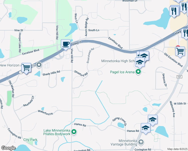 map of restaurants, bars, coffee shops, grocery stores, and more near 5244b Black Friars Lane in Minnetonka
