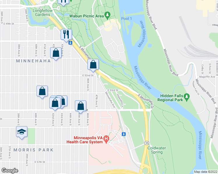 map of restaurants, bars, coffee shops, grocery stores, and more near 5223 Hiawatha Lane in Minneapolis