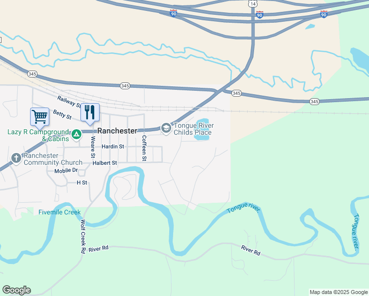 map of restaurants, bars, coffee shops, grocery stores, and more near Dayton Street in Ranchester