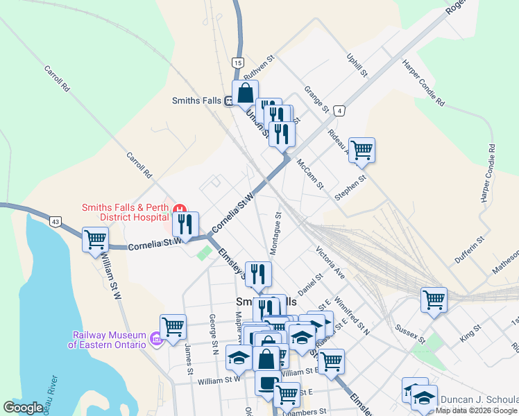 map of restaurants, bars, coffee shops, grocery stores, and more near 169 Beckwith Street North in Smiths Falls