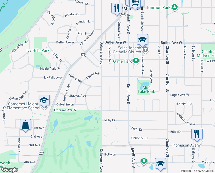 map of restaurants, bars, coffee shops, grocery stores, and more near 1253 Cherokee Avenue in Saint Paul