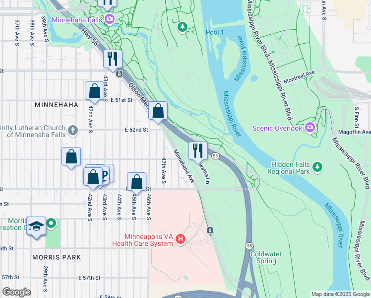 map of restaurants, bars, coffee shops, grocery stores, and more near 4824 East 53rd Street in Minneapolis