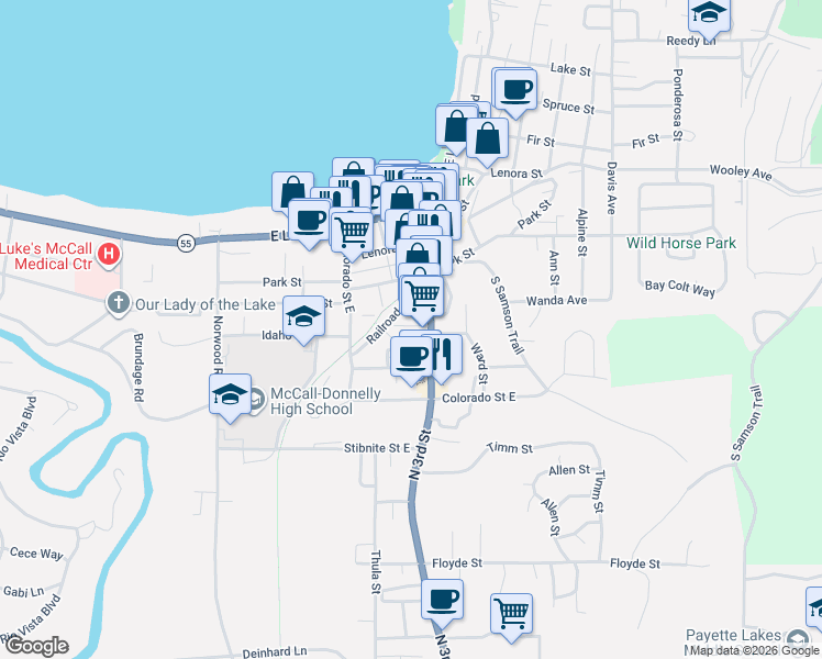 map of restaurants, bars, coffee shops, grocery stores, and more near 300 Railroad Avenue in McCall