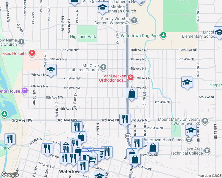 map of restaurants, bars, coffee shops, grocery stores, and more near 601-699 3rd Street Northeast in Watertown