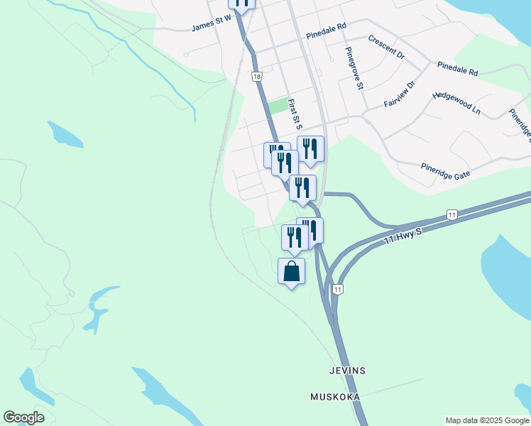 map of restaurants, bars, coffee shops, grocery stores, and more near 225 Edward Street in Gravenhurst