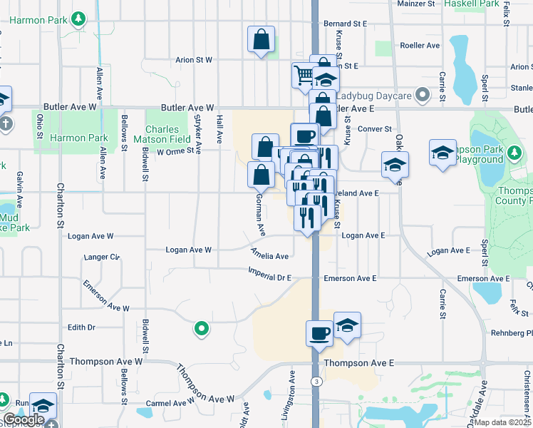 map of restaurants, bars, coffee shops, grocery stores, and more near 34 Moreland Avenue West in West Saint Paul