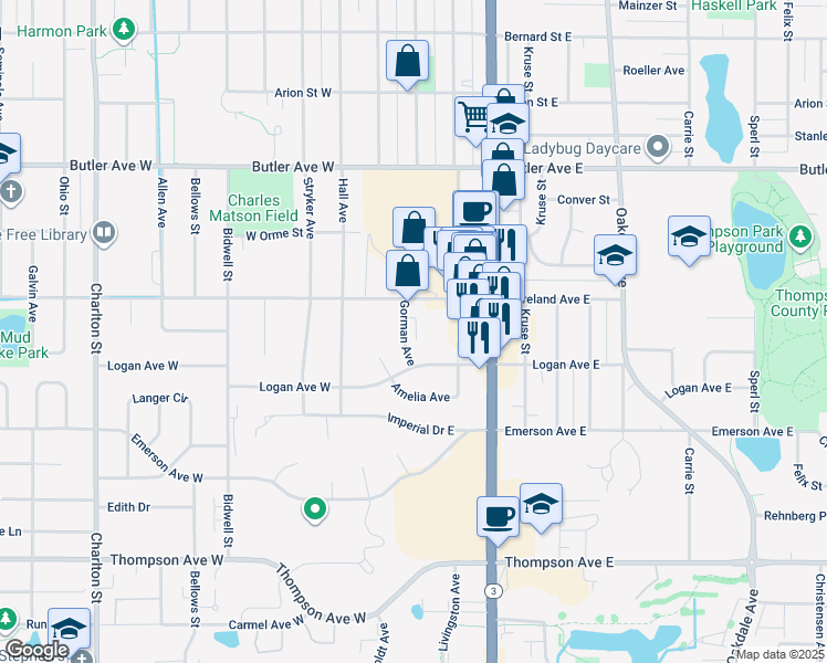 map of restaurants, bars, coffee shops, grocery stores, and more near 34 Moreland Avenue West in West Saint Paul
