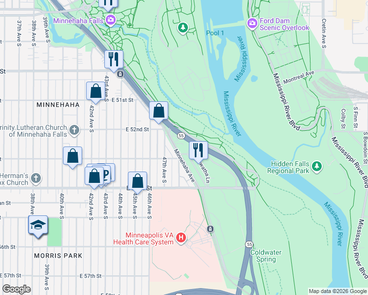 map of restaurants, bars, coffee shops, grocery stores, and more near 5223 Hiawatha Lane in Minneapolis
