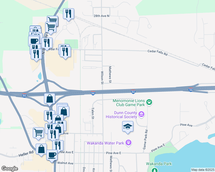 map of restaurants, bars, coffee shops, grocery stores, and more near 2126 Wilson St in Menomonie