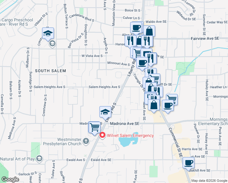 map of restaurants, bars, coffee shops, grocery stores, and more near 196 Salem Heights Avenue South in Salem