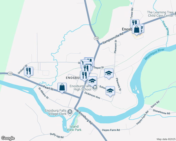map of restaurants, bars, coffee shops, grocery stores, and more near 371 Main Street in Enosburg