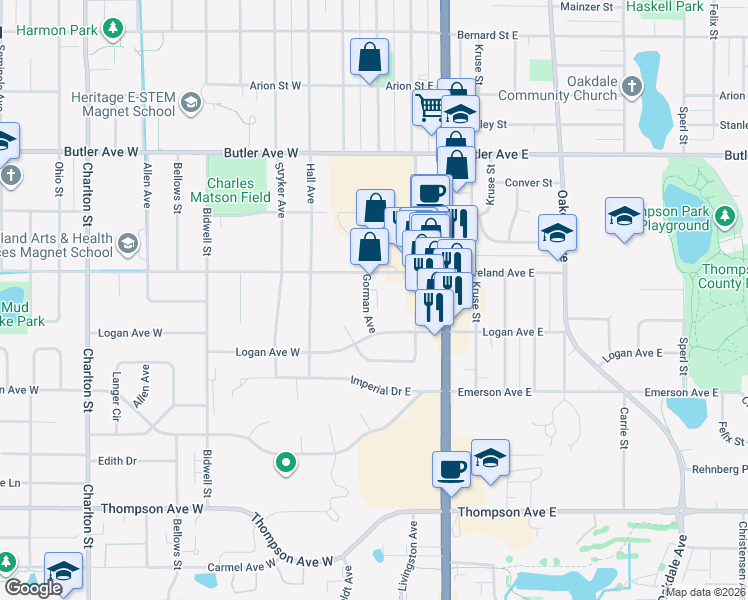 map of restaurants, bars, coffee shops, grocery stores, and more near 34 Moreland Avenue West in West Saint Paul