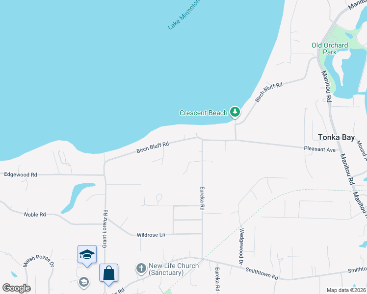 map of restaurants, bars, coffee shops, grocery stores, and more near 25695 Birch Bluff Road in Excelsior