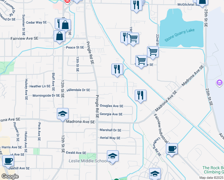 map of restaurants, bars, coffee shops, grocery stores, and more near 1489 Salishan Street Southeast in Salem