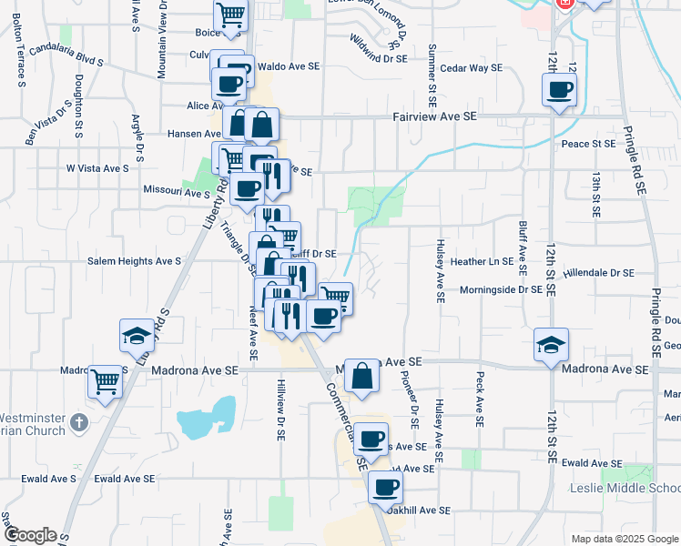 map of restaurants, bars, coffee shops, grocery stores, and more near 660 Ratcliff Drive Southeast in Salem