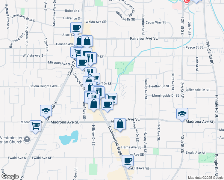 map of restaurants, bars, coffee shops, grocery stores, and more near 660 Ratcliff Drive Southeast in Salem