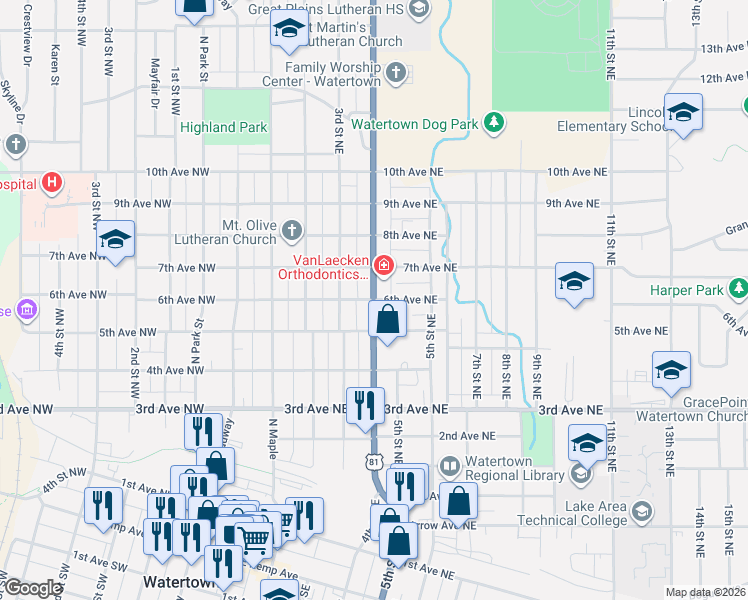 map of restaurants, bars, coffee shops, grocery stores, and more near 401 6th Avenue Northeast in Watertown