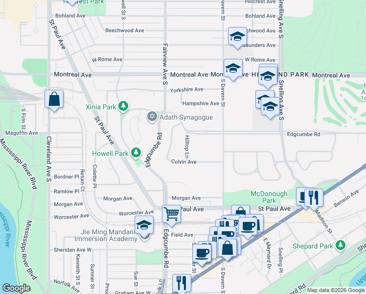 map of restaurants, bars, coffee shops, grocery stores, and more near 11 Hilltop Lane in Saint Paul