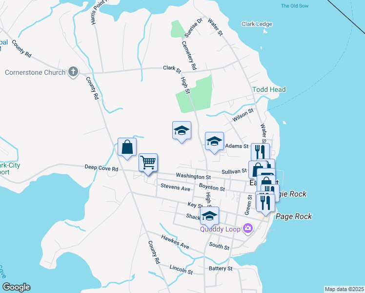 map of restaurants, bars, coffee shops, grocery stores, and more near 100 High Street in Eastport