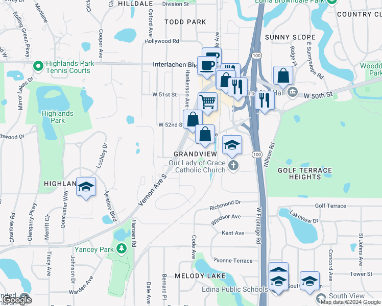map of restaurants, bars, coffee shops, grocery stores, and more near 5280 Grandview Square in Edina