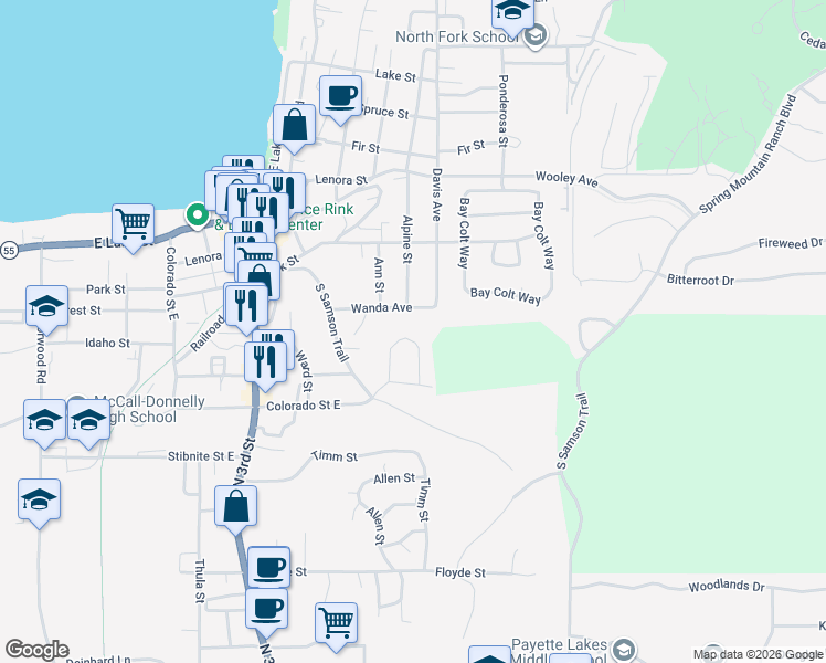 map of restaurants, bars, coffee shops, grocery stores, and more near 616 Syringa Drive in McCall