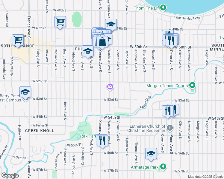 map of restaurants, bars, coffee shops, grocery stores, and more near 5208 Vincent Avenue South in Minneapolis