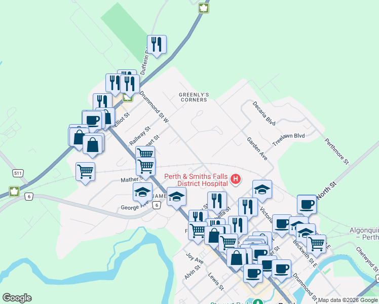 map of restaurants, bars, coffee shops, grocery stores, and more near 60 Drummond Street West in Perth