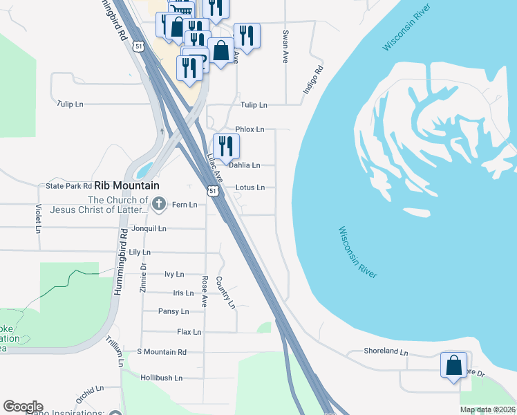 map of restaurants, bars, coffee shops, grocery stores, and more near 905 Lotus Lane in Wausau