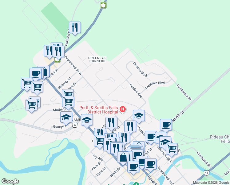 map of restaurants, bars, coffee shops, grocery stores, and more near 24 Harris Street North in Perth